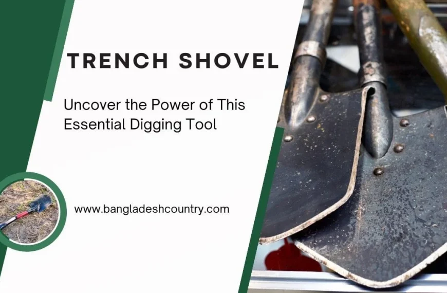 Close-up of several worn metal trench shovels, featuring the text 'TRENCH SHOVEL: Uncover the Power of This Essential Digging Tool' and a small inset image of a shovel on dry ground. Ideal for military, camping, or gardening tasks.