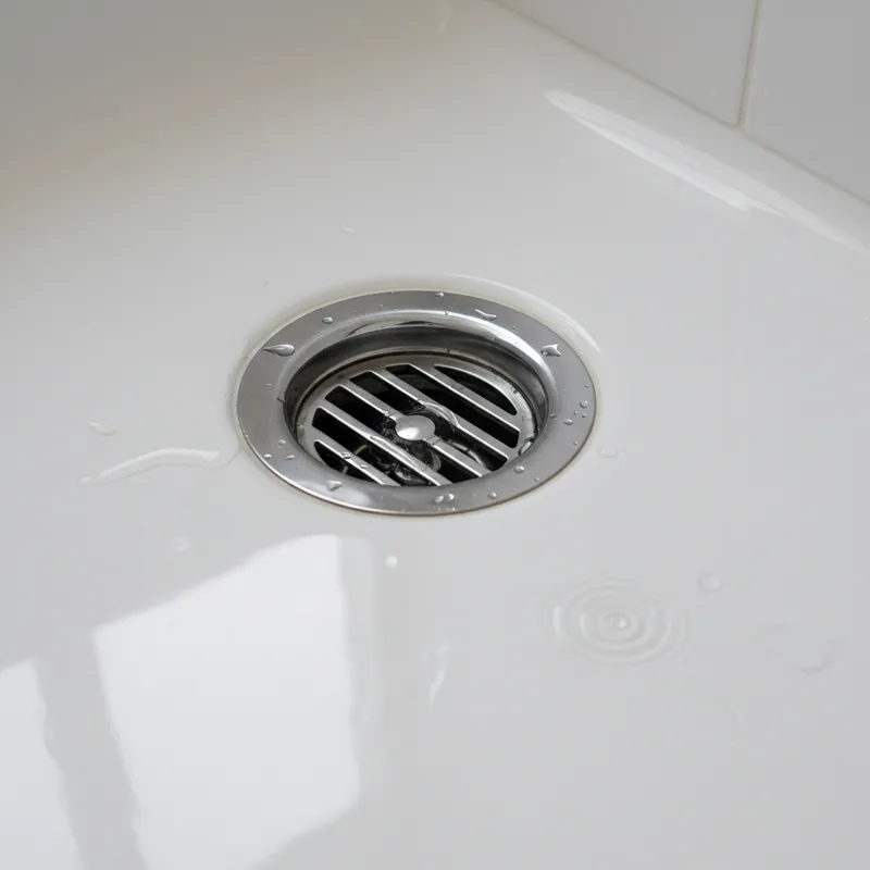 A close-up shot of a perfectly clean, shiny chrome tub drain with no visible hair or debris, illustrating efficient drainage and good hygiene.