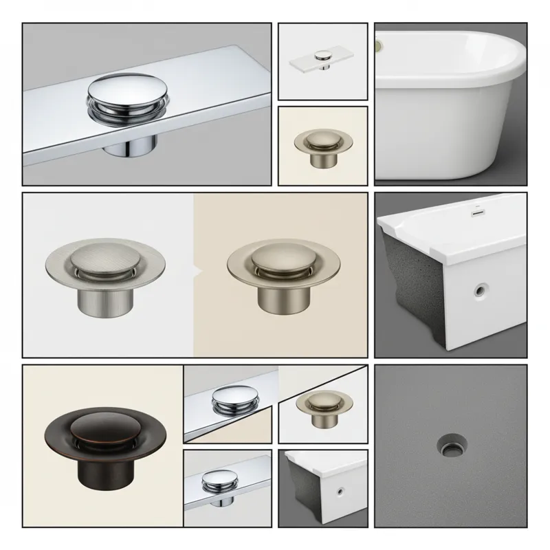 A comparison image showing different tub drain finishes (chrome, brushed nickel, oil-rubbed bronze, matte black) alongside various tub materials (acry