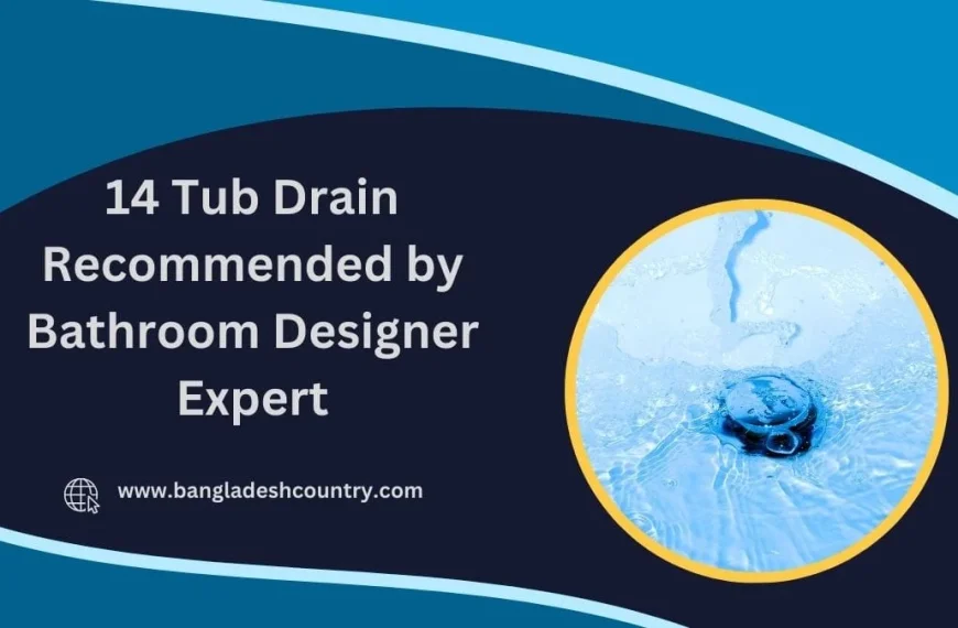 A dark blue graphic with the title '14 Tub Drain Recommended by Bathroom Designer Expert' in white text. To the right, a circular image shows water swirling down a metallic tub drain. Below the text is 'www.bangladeshcountry.com' with a globe icon.