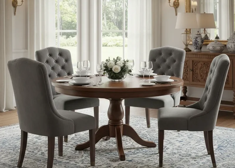 Close-up of a stylish grey velvet tufted dining chair with dark wood legs in a contemporary dining room setting.