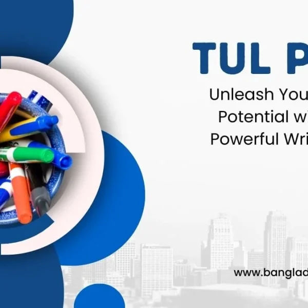 Promotional graphic for TUL Pens featuring a top-down view of a cup filled with colorful pens and markers on the left, next to the headline 'TUL PENS' and the text 'Unleash Your Creative Potential with These Powerful Writing Tools' set against a white background with abstract blue shapes and a faint city skyline.