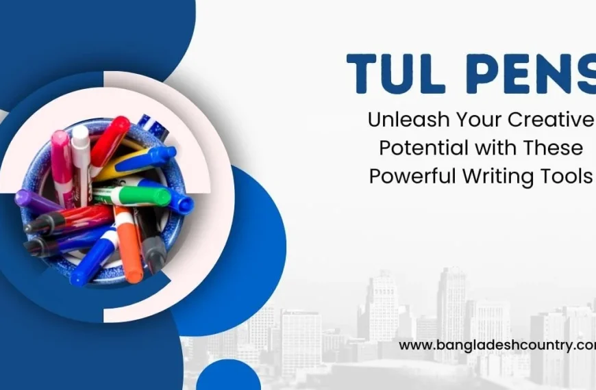 Promotional graphic for TUL Pens featuring a top-down view of a cup filled with colorful pens and markers on the left, next to the headline 'TUL PENS' and the text 'Unleash Your Creative Potential with These Powerful Writing Tools' set against a white background with abstract blue shapes and a faint city skyline.