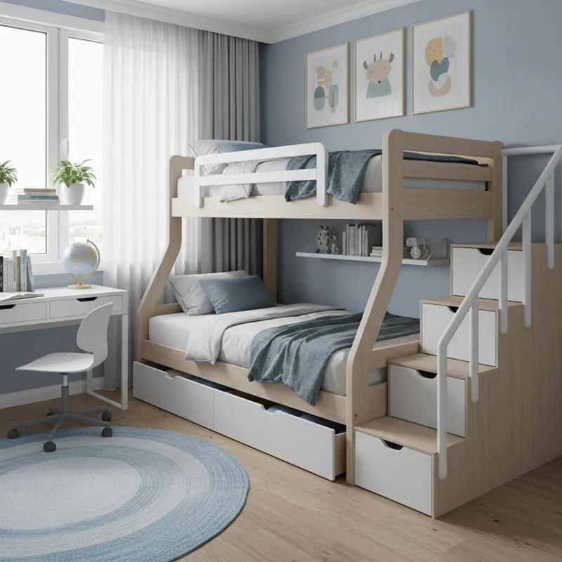 A stylish, modern twin over full bunk bed with integrated staircase drawers, set in a brightly lit children's bedroom. The room is tidy, showcasing ho