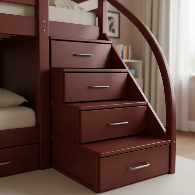 A detailed close-up shot of the staircase of a high-quality twin over full bunk bed, showing the smooth finish of the wood, sturdy handrail, and deep,