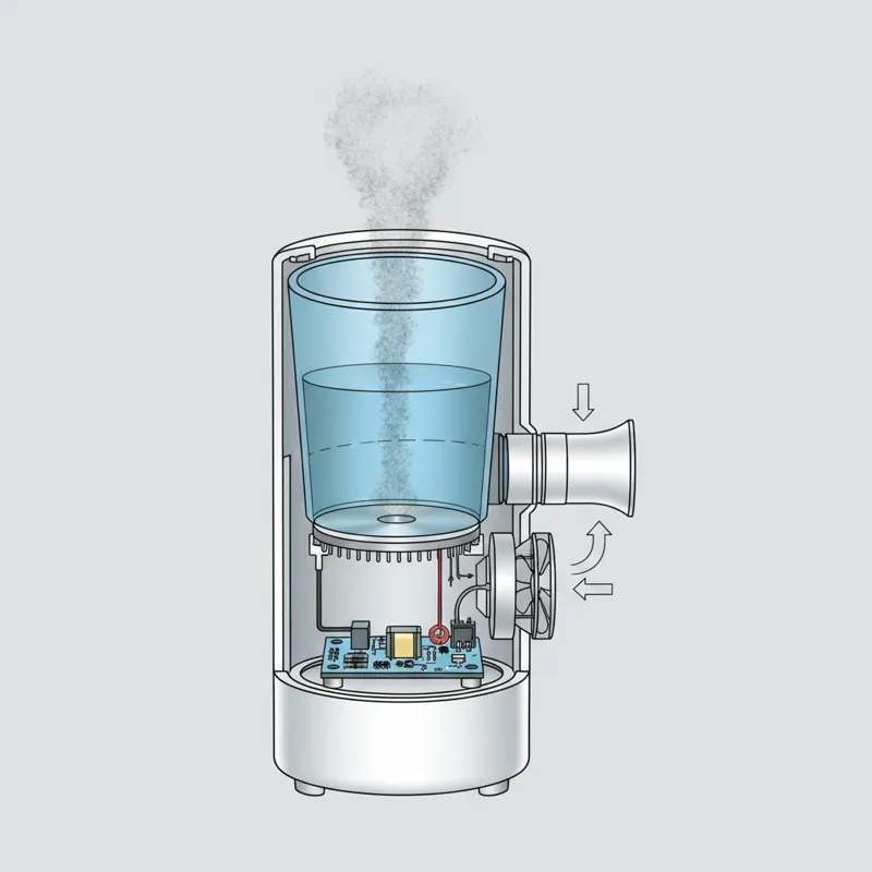 A detailed cutaway diagram of an ultrasonic nebulizer showing the transducer, medication cup, and mist generation, with labels for key components.