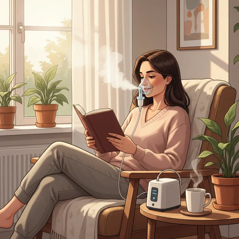 A person comfortably using a compact, quiet ultrasonic nebulizer while reading a book in a serene home environment, emphasizing peaceful treatment.