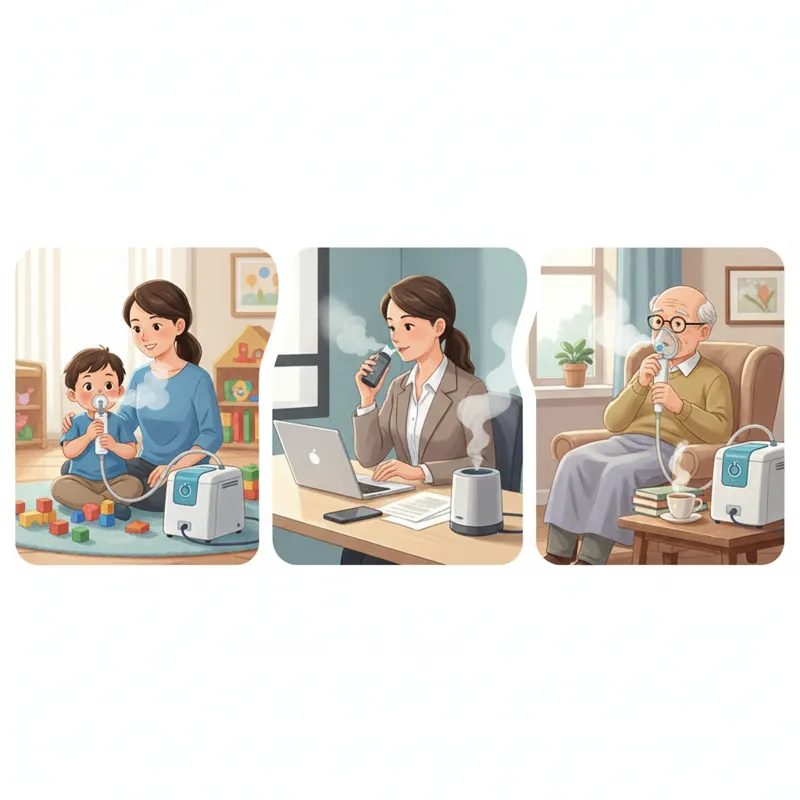 Diverse group of people (child, adult, elderly) using different types of ultrasonic nebulizers in various settings, illustrating broad applicability.