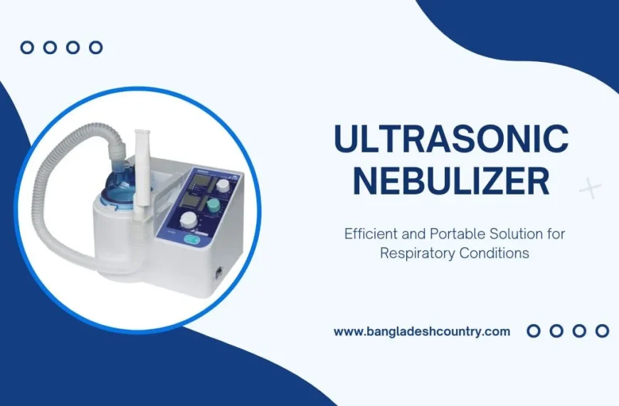 A white and blue ultrasonic nebulizer, a medical device for respiratory conditions, featuring a blue water reservoir, corrugated tube, and a control panel with digital display and knobs. The image also prominently displays text: 'ULTRASONIC NEBULIZER: Efficient and Portable Solution for Respiratory Conditions' and 'www.bangladeshcountry.com'.