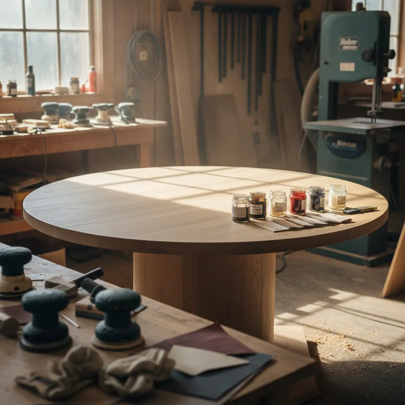 A beautiful, well-lit photograph showcasing a large, unfinished round dining table in a workshop setting, surrounded by various sanding tools and a se
