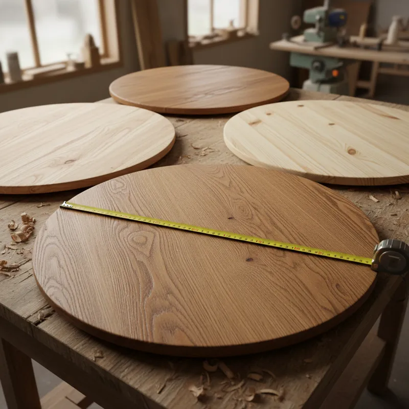 A high-angle shot of several different unfinished round dining table tops, each made from a distinct wood species like oak, maple, and pine, demonstra