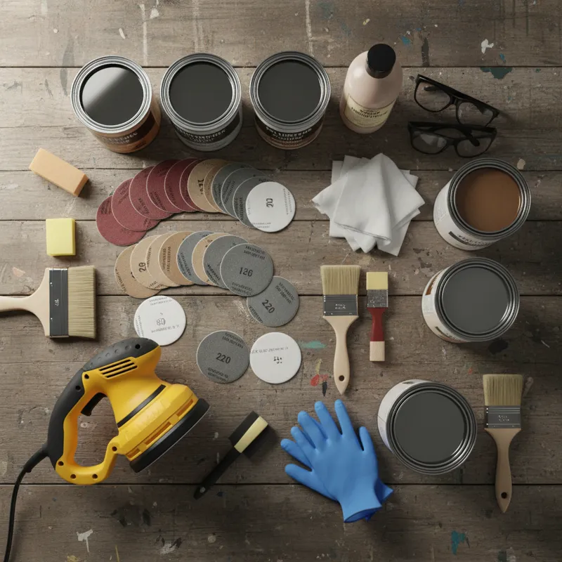 A flat lay shot on a workbench, neatly displaying all the essential tools and supplies for finishing an unfinished round dining table: various grit sa