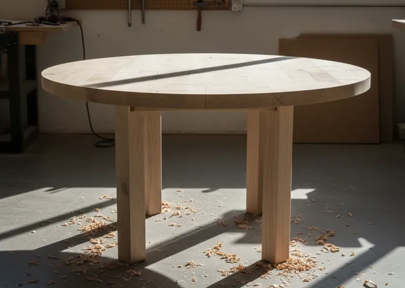 Unfinished natural wood round dining table, showcasing raw timber and ready for custom finishing, ideal for a DIY project or rustic home decor.