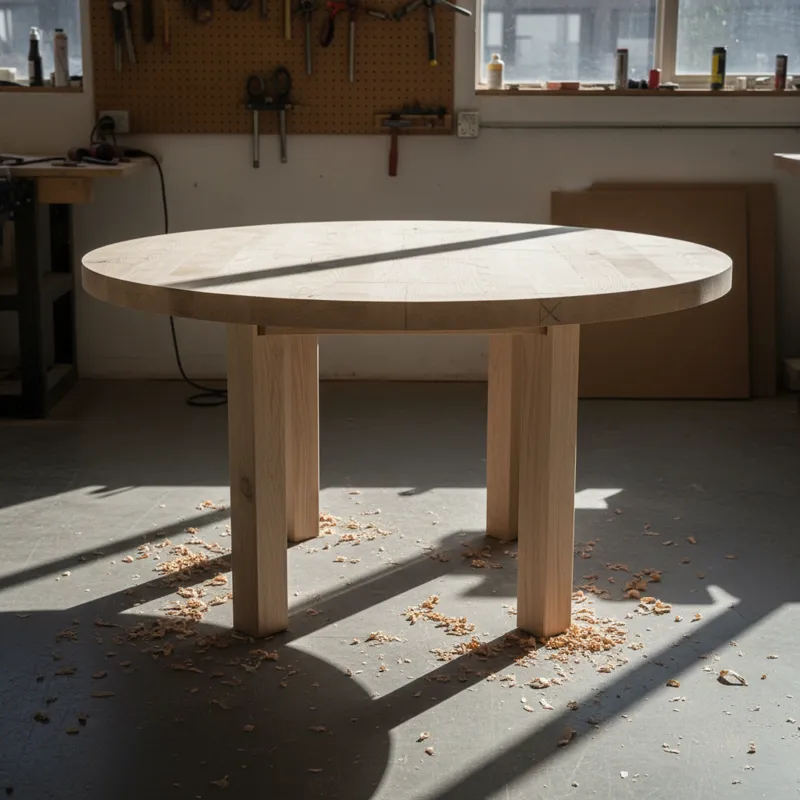 Unfinished natural wood round dining table, showcasing raw timber and ready for custom finishing, ideal for a DIY project or rustic home decor.