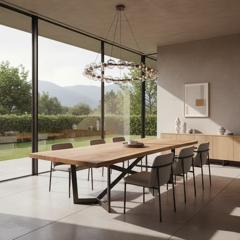 A wide shot of a contemporary dining room featuring a live-edge wood dining table with an artistic metal base, surrounded by minimalist chairs. The ro