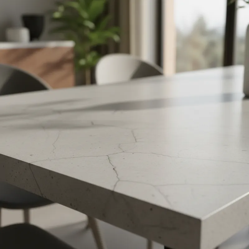 A close-up of a concrete dining table top with subtle textures, showing a sleek, modern aesthetic. The background is slightly blurred to emphasize the