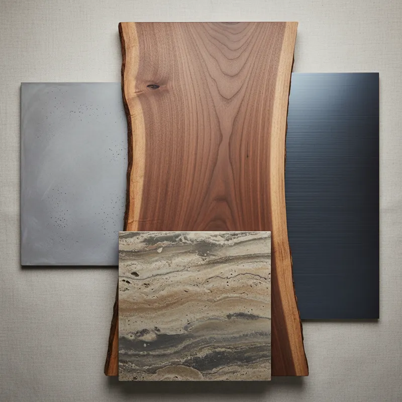 A collection of various material samples for dining tables, including a rough live-edge wood slab, a polished concrete swatch, a piece of dark metal,