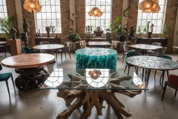 Unique modern dining room table with a sculptural wooden base and a round glass top, surrounded by elegant dining chairs in a contemporary dining space.