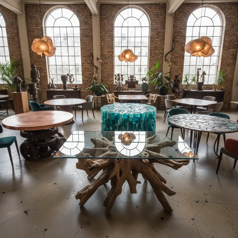 Unique modern dining room table with a sculptural wooden base and a round glass top, surrounded by elegant dining chairs in a contemporary dining space.