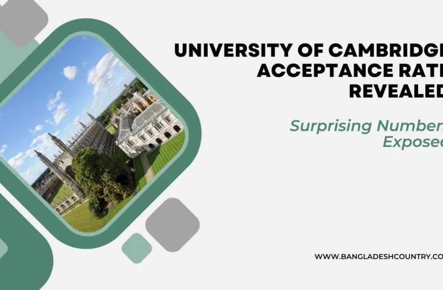 Graphic for an article titled 'University of Cambridge Acceptance Rate Revealed: Surprising Numbers Exposed,' featuring an aerial view of King's College Chapel and other campus buildings under a blue sky. The website 'WWW.BANGLADESHCOUNTRY.COM' is also visible.