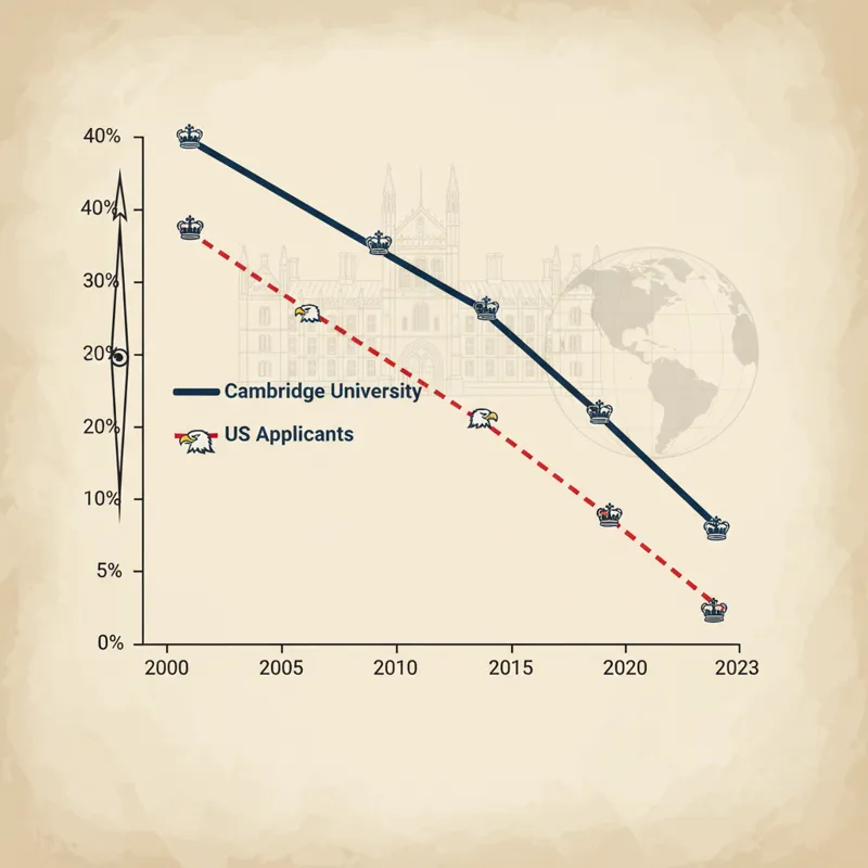 An illustrative graph showing declining university acceptance rates over time, specifically highlighting Cambridge University admissions, with a disti