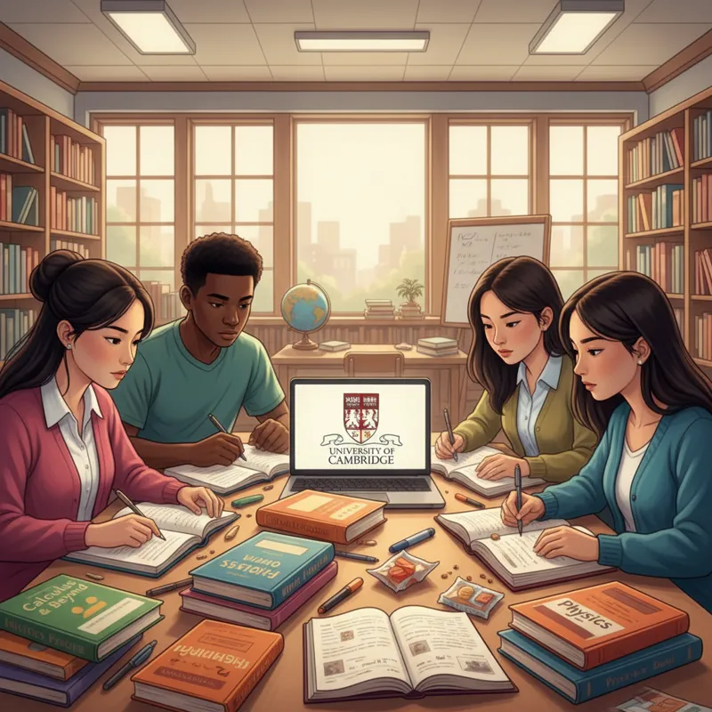 A diverse group of high school students from the US intently studying, surrounded by textbooks and a laptop displaying Cambridge University's crest.