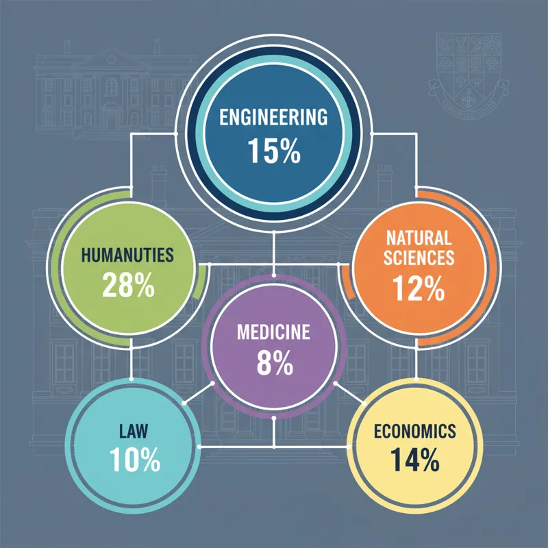 An infographic illustrating Cambridge University's acceptance rates by different subject areas, showing varying percentages for different courses.