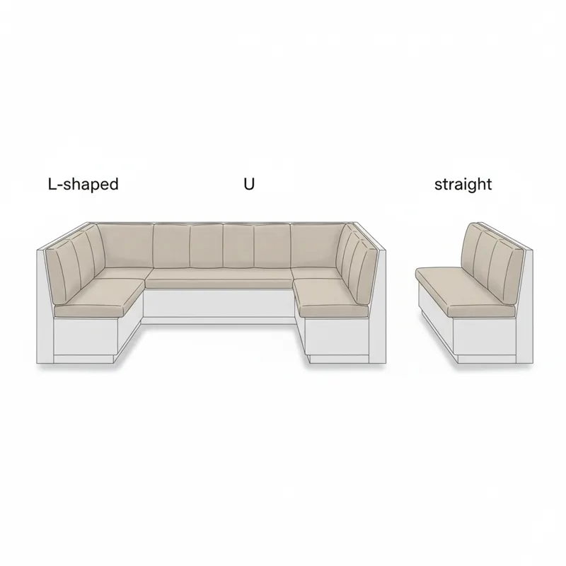 A diagram illustrating different banquette shapes: L-shaped, U-shaped, and straight, with upholstered cushions.