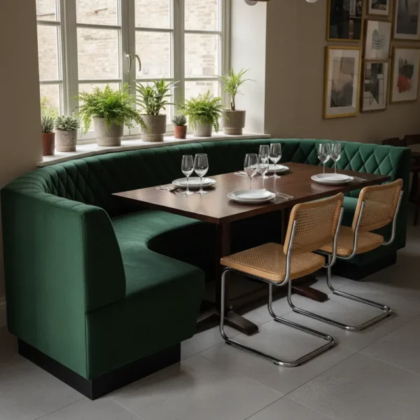 Custom upholstered banquette bench with a tufted back, providing comfortable and space-saving seating in a modern dining area.