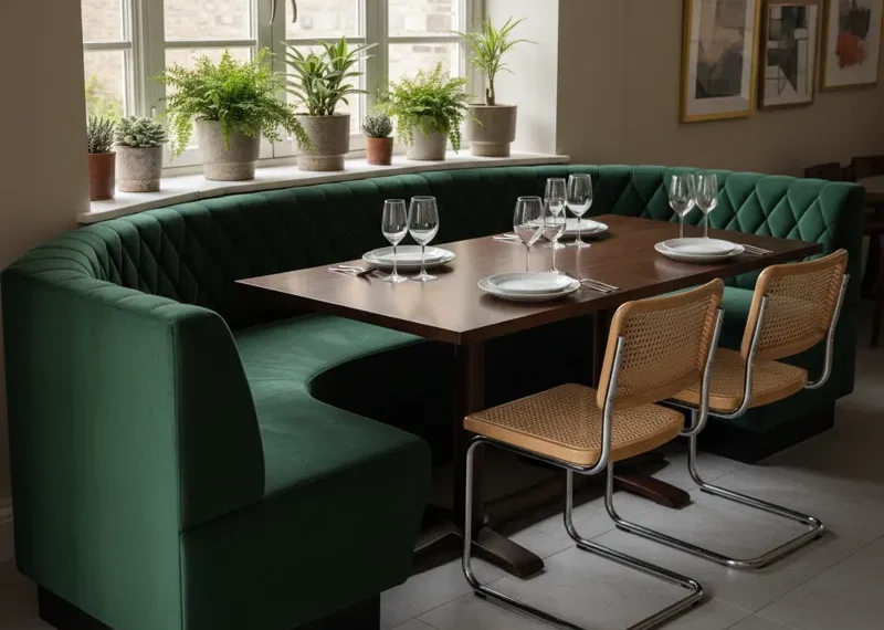 Custom upholstered banquette bench with a tufted back, providing comfortable and space-saving seating in a modern dining area.