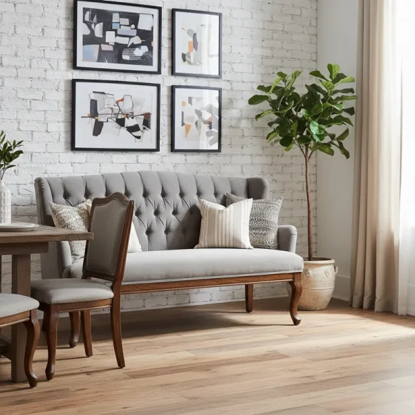 Stylish gray upholstered dining bench with dark wooden legs in a modern dining room setting.