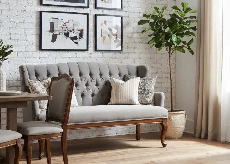 Stylish gray upholstered dining bench with dark wooden legs in a modern dining room setting.
