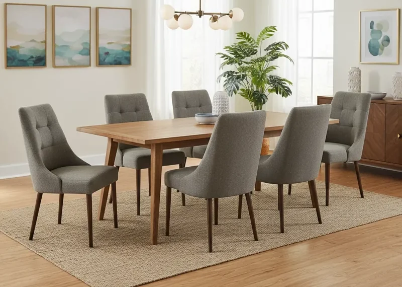 Elegant upholstered dining set featuring comfortable fabric chairs around a modern wooden dining table in a stylish room.