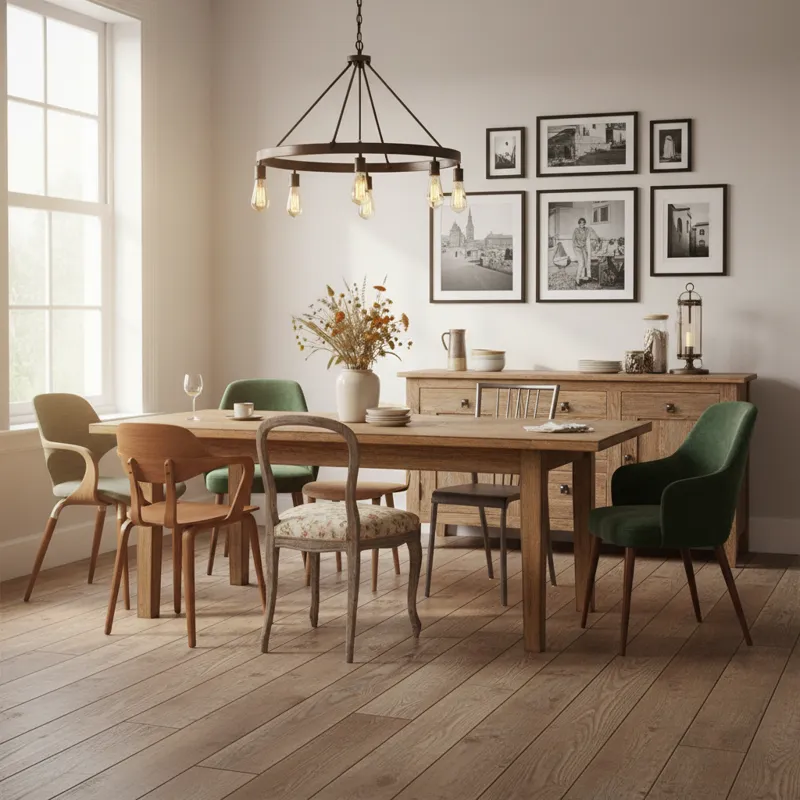 A well-lit image of a beautifully curated dining space featuring a mix of vintage and modern used dining chairs, showcasing their unique character and