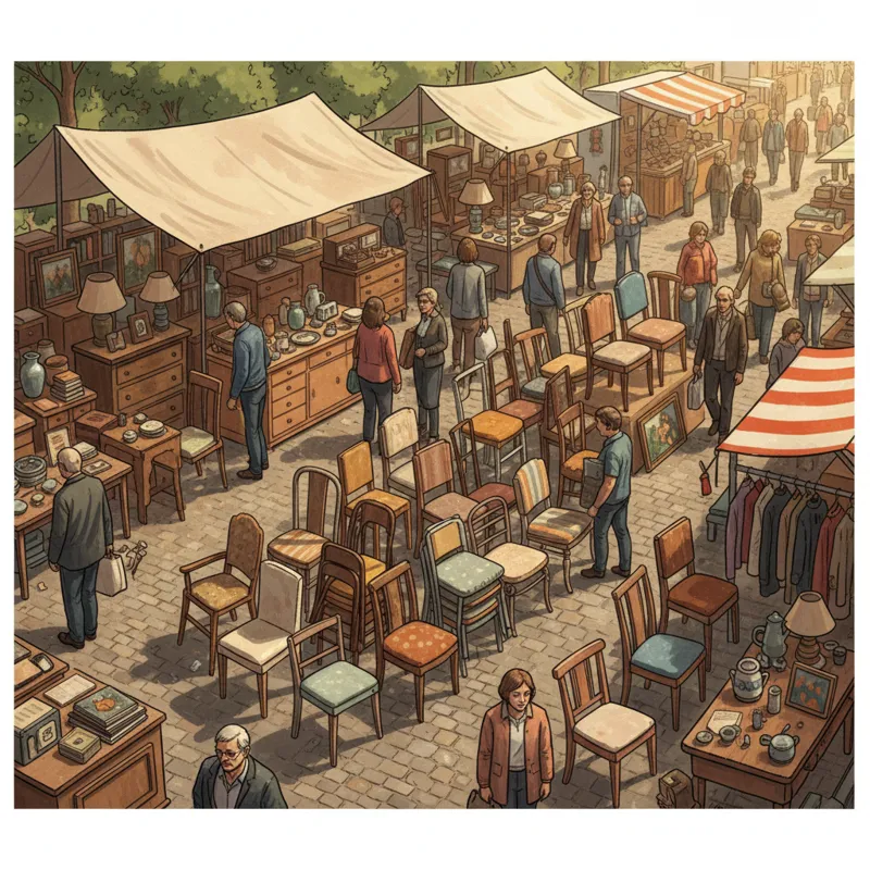 A vibrant, overhead shot of a bustling flea market or antique fair, with various styles of used dining chairs prominently displayed among other furnit