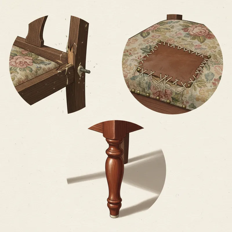Close-up detailed shots showcasing different aspects of used dining chairs: one showing a loose joint, another a worn upholstery patch, and a third a