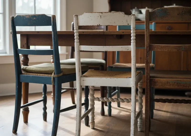 Set of four pre-owned wooden dining chairs with padded seats, showcasing a practical and sustainable furniture option for dining rooms or kitchens.