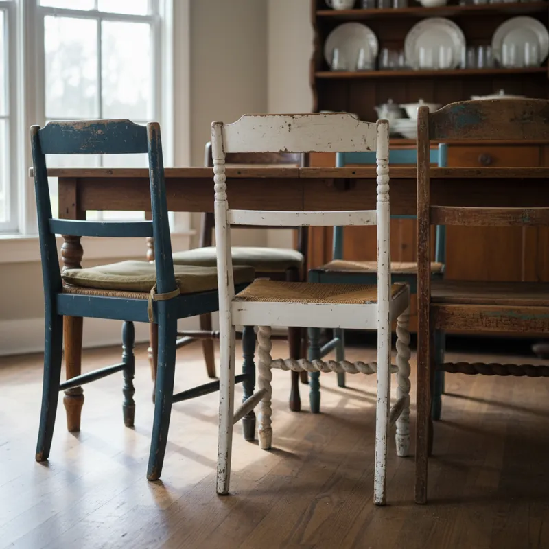 Set of four pre-owned wooden dining chairs with padded seats, showcasing a practical and sustainable furniture option for dining rooms or kitchens.
