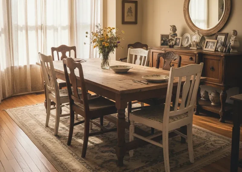 Used dining room set featuring a wooden table and several chairs, showcasing a pre-owned furniture option in good condition.