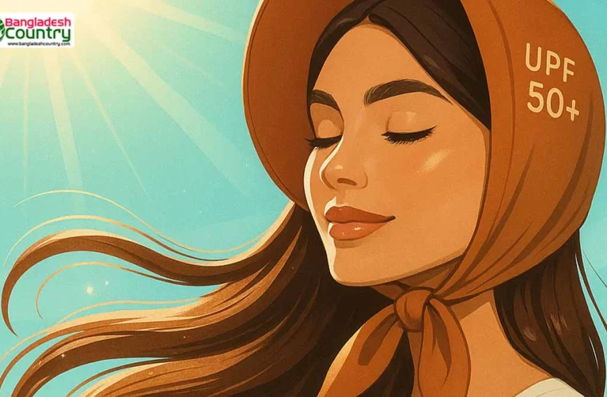 Illustration of a serene woman wearing a brown UPF 50+ sun protection scarf, with closed eyes and long flowing hair, under a bright blue sky with radiant sun rays.