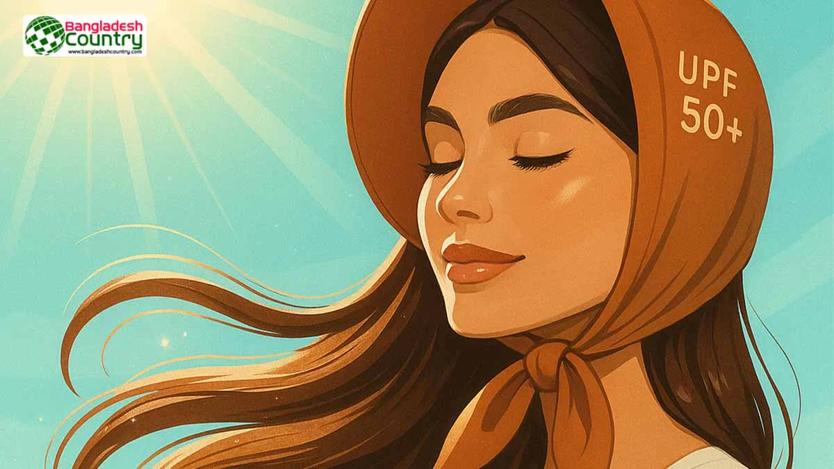 Illustration of a serene woman wearing a brown UPF 50+ sun protection scarf, with closed eyes and long flowing hair, under a bright blue sky with radiant sun rays.