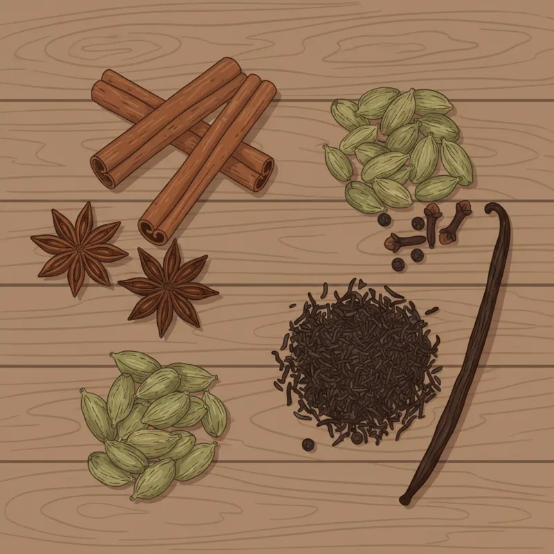 A beautiful, warm-toned flat lay of whole spices for chai—cinnamon sticks, star anise, cardamom pods, cloves, and black peppercorns—next to loose-leaf