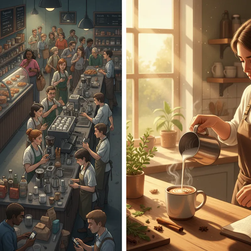 A split-screen image. On the left, a busy, generic coffee shop counter with a long line. On the right, a peaceful, sunlit kitchen with a person calmly