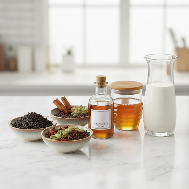 An organized display of vanilla chai ingredients on a clean, white marble countertop. Loose-leaf Assam tea in a small bowl, whole spices in another, a