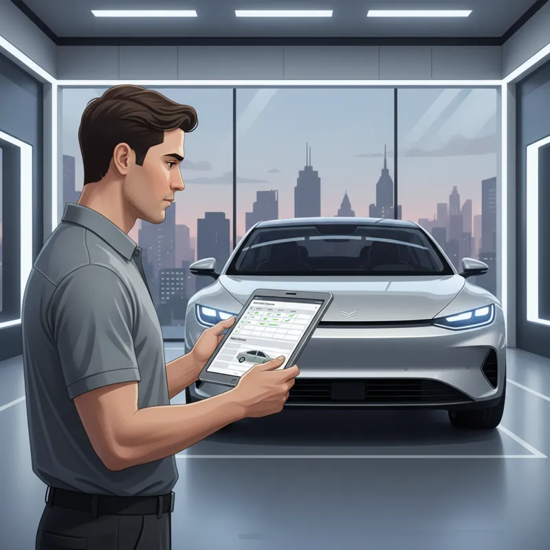 A person looking at a digital tablet displaying a comprehensive vehicle inspection form, with a modern car in the background.