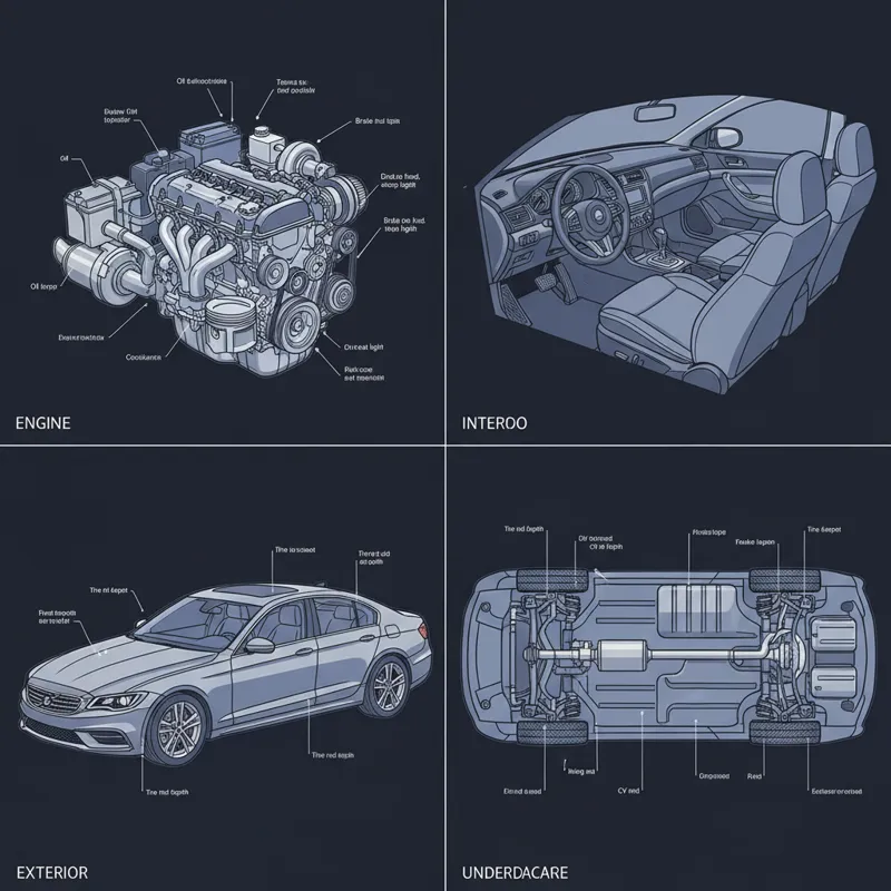 An organized, detailed diagram showing different sections of a car (engine, interior, exterior, undercarriage) with labels for inspection points.