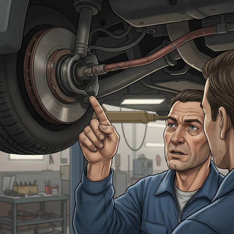 A close-up of a mechanic pointing out a small, often overlooked detail on a car, like a rusted brake line or a worn bushing, during an inspection.