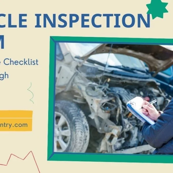 Graphic titled 'VEHICLE INSPECTION FORM: The Ultimate Checklist for a Thorough Assessment' featuring a man inspecting a severely damaged car with a clipboard, branded with bangladeshcountry.com.