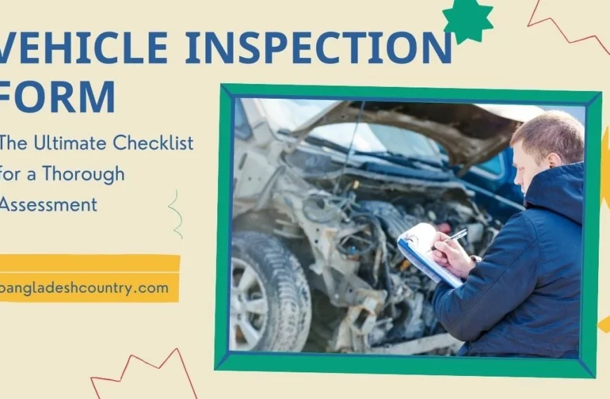 Graphic titled 'VEHICLE INSPECTION FORM: The Ultimate Checklist for a Thorough Assessment' featuring a man inspecting a severely damaged car with a clipboard, branded with bangladeshcountry.com.