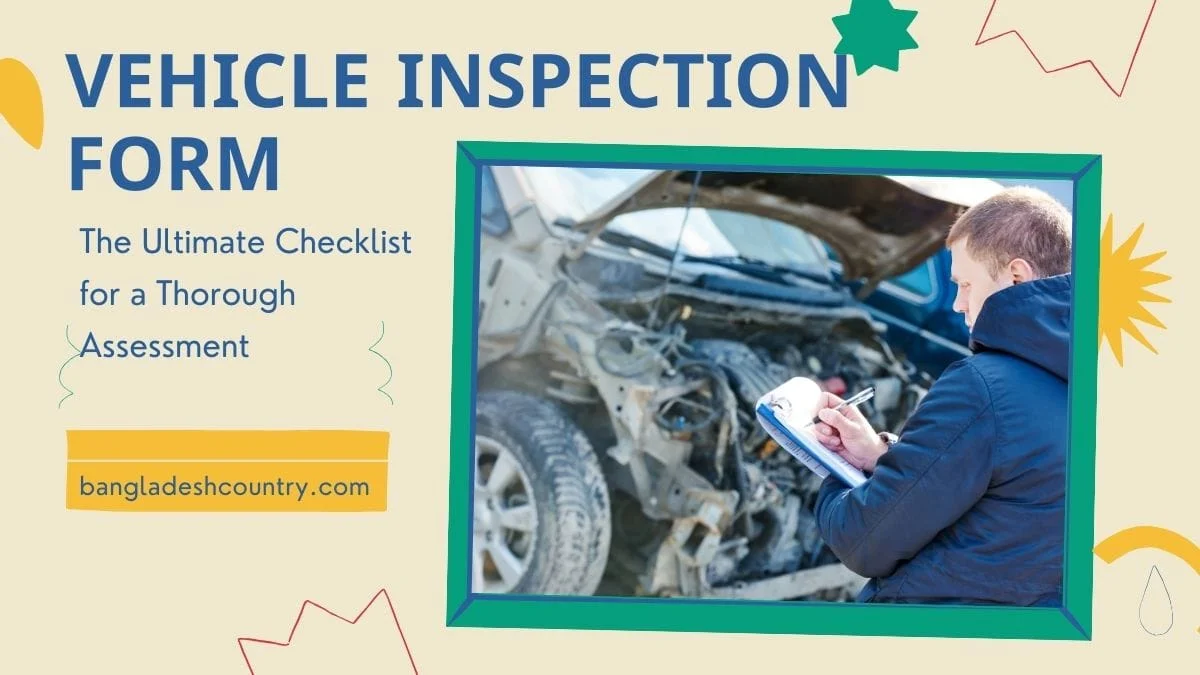 Graphic titled 'VEHICLE INSPECTION FORM: The Ultimate Checklist for a Thorough Assessment' featuring a man inspecting a severely damaged car with a clipboard, branded with bangladeshcountry.com.
